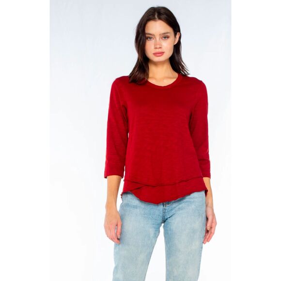 WILT Shrunken Crew 3/4 Sleeve Mock Layer Tee Slub Knit Scarlet Cotton Small - Picture 1 of 6